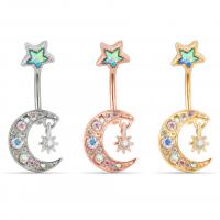 Stainless Steel Belly Ring, 304 Stainless Steel, Moon and Star, Vacuum Plating, with rhinestone 13mm 