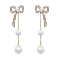 Zinc Alloy Rhinestone Drop Earring, with Plastic Pearl, Bowknot, gold color plated, for woman & with rhinestone, 50mm 