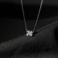 Cubic Zircon Micro Pave Sterling Silver Necklace, 925 Sterling Silver, Four Leaf Clover, platinum color plated, micro pave cubic zirconia & for woman Approx 15.74 Inch 