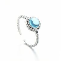925 Sterling Silver Cuff Finger Ring, with Lampwork, platinum color plated, Adjustable & for woman, blue 
