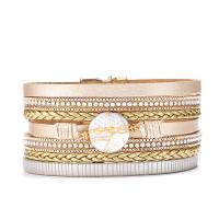 PU Leather Cord Bracelets, with Shell & Brass, gold color plated, multilayer & with magnetic 