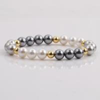 Shell Pearl Bracelet, with Brass, Round, gold color plated, for woman, mixed colors .5 Inch 