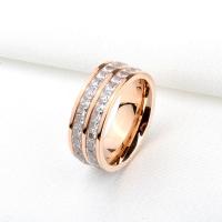 Titanium Steel Finger Ring, polished, for woman & with rhinestone, rose gold color 