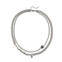 Titanium Steel Jewelry Necklace, with ABS Plastic Pearl & Zinc Alloy, Double Layer & Unisex & with rhinestone, silver color 