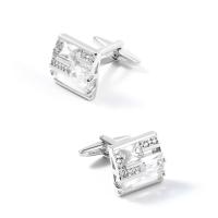 Brass Cufflinks, Square, silver color plated, for man & with cubic zirconia & with rhinestone 
