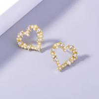 Zinc Alloy Rhinestone Stud Earring, with Plastic Pearl, Heart, gold color plated, for woman & with rhinestone & hollow 
