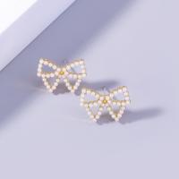 Plastic Pearl Zinc Alloy Earring, with Plastic Pearl, Bowknot, gold color plated, for woman & hollow 