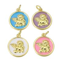 Enamel Brass Pendants, Flat Round, gold color plated Approx 3mm 