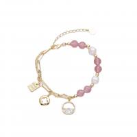 Strawberry Quartz Bracelet, with Cubic Zirconia & Freshwater Pearl & Zinc Alloy, for woman, mixed colors cm 