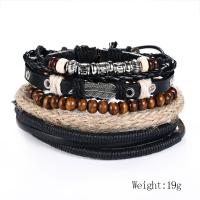 PU Leather Cord Bracelets, with Titanium Steel & leather cord & Wood, plated, multilayer & Unisex, mixed colors Approx 21 cm 