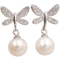 Sterling Silver Pearl Drop Earring, 925 Sterling Silver, with Freshwater Pearl, plated, for woman & with rhinestone, silver color 