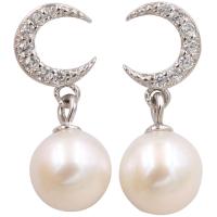 Sterling Silver Pearl Drop Earring, 925 Sterling Silver, with Freshwater Pearl, plated, for woman & with rhinestone, silver color 