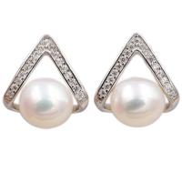 Sterling Silver Natural Pearl Stud Earring, 925 Sterling Silver, with Freshwater Pearl, plated, for woman & with rhinestone, silver color 