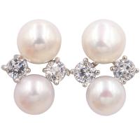 Sterling Silver Natural Pearl Stud Earring, 925 Sterling Silver, with Freshwater Pearl, plated, for woman & with rhinestone, silver color 