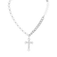 Stainless Steel Jewelry Necklace, 316L Stainless Steel, with Plastic Pearl, with 1.96inch extender chain, Cross, Unisex & with rhinestone, original color Approx 15.7 Inch 