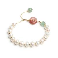 Cultured Freshwater Pearl Bracelets, with Strawberry Quartz & Zinc Alloy, gold color plated, for woman, white Approx 7.48 Inch 