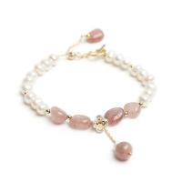 Cultured Freshwater Pearl Bracelets, with Strawberry Quartz & Zinc Alloy, for woman, white, 6-7mm Approx 7.6 Inch 
