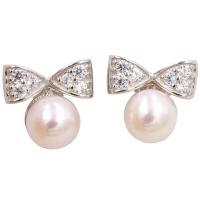Sterling Silver Natural Pearl Stud Earring, Freshwater Pearl, with 925 Sterling Silver, Bowknot, for woman & with rhinestone, white 