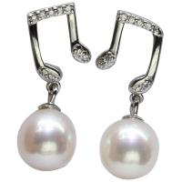 Sterling Silver Pearl Drop Earring, Freshwater Pearl, with 925 Sterling Silver, Music Note, for woman & with rhinestone, white 