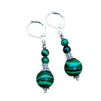 Malachite Lever Back Earring, with Zinc Alloy, Round, antique silver color plated, vintage & for woman, green 