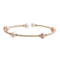 Brass Cuff Bangle, with Freshwater Pearl, gold color plated & for woman .09 Inch 