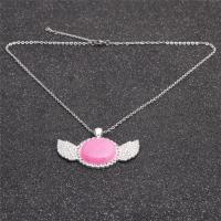 Gemstone Necklaces, Brass, with Dyed Marble & Zinc Alloy, Wing Shape, silver color plated, with rhinestone, pink .75 Inch 