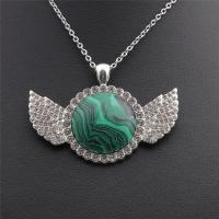 Gemstone Necklaces, Brass, with Malachite & Zinc Alloy, Wing Shape, silver color plated, with rhinestone, green .75 Inch 