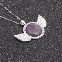 Gemstone Necklaces, Brass, with Amethyst & Zinc Alloy, Wing Shape, silver color plated, with rhinestone, purple .75 Inch 
