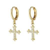 Brass Huggie Hoop Drop Earring, Cross, gold color plated, micro pave cubic zirconia & for woman, 28.5mm 