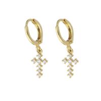Brass Huggie Hoop Drop Earring, Cross, gold color plated, micro pave cubic zirconia & for woman, 26mm 