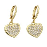 Brass Huggie Hoop Drop Earring, Heart, gold color plated, micro pave cubic zirconia & for woman, 26mm 