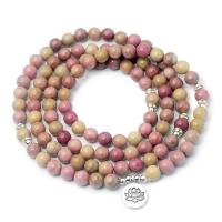 108 Perlen Mala, Rhodonitis, mit Zinklegierung, rund, Platinfarbe platiniert, unisex, Rosa, 8mm,14mm, ca. 108PCs/Strang, verkauft von Strang
