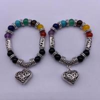 Gemstone Bracelets, Natural Stone, with Zinc Alloy, Heart, antique silver color plated, Unisex, mixed colors, 8mm Approx 7.5 Inch 