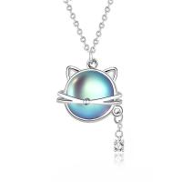 Sea Opal Necklace, 925 Sterling Silver, with Sea Opal, Cat, platinum color plated, micro pave cubic zirconia & for woman, 13.5mm Approx 15.74 Inch 