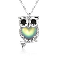 Cubic Zircon Micro Pave Sterling Silver Necklace, 925 Sterling Silver, with Moonstone, Owl, platinum color plated, micro pave cubic zirconia & for woman Approx 15.74 Inch 
