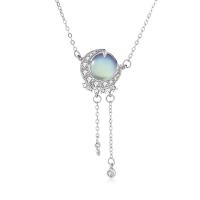 Cubic Zircon Micro Pave Sterling Silver Necklace, 925 Sterling Silver, with Moonstone, platinum color plated, micro pave cubic zirconia & for woman Approx 15.74 Inch 