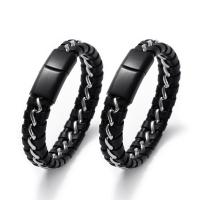 PU Leather Cord Bracelets, with 304 Stainless Steel, Galvanic plating black 