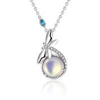 Cubic Zircon Micro Pave Sterling Silver Necklace, 925 Sterling Silver, with Moonstone, Dragonfly, platinum color plated, micro pave cubic zirconia & for woman Approx 15.74 Inch 