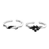 Couple Finger Rings, 925 Sterling Silver, platinum color plated, Adjustable & micro pave cubic zirconia & enamel, black 
