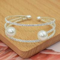 Zinc Alloy Cuff Bangle, with Plastic Pearl, for woman & with rhinestone, silver color, 54-65mm 