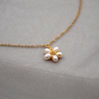Natural Freshwater Pearl Necklace, Titanium Steel, with Freshwater Pearl, Flower, fashion jewelry & for woman, golden cm 