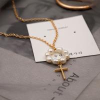 Freshwater Pearl Brass Necklace, with Freshwater Pearl, with 2.36 extender chain, Cross, fashion jewelry & for woman, golden cm 