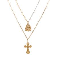 Zinc Alloy Necklace, with Plastic Pearl, Cross, KC gold color plated, Double Layer & for woman Approx 15 Inch, Approx 19.6 Inch 