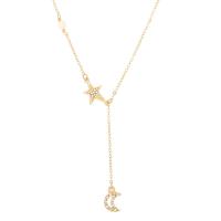 Rhinestone Zinc Alloy Necklace, with 1.96inch extender chain, Moon and Star, gold color plated, for woman & with rhinestone & hollow, 40mm Approx 16.5 Inch 