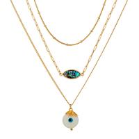 Fashion Multi Layer Necklace, Brass, with Shell & Abalone Shell, Evil Eye, KC gold color plated, three layers & for woman Approx 12.6 Inch, Approx 15.3 Inch, Approx 21.6 Inch 