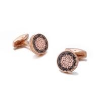 Brass Cufflinks, Round, rose gold color plated, with flower pattern & for man, 16mm 