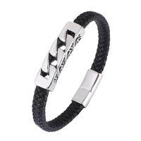 PU Leather Cord Bracelets, with 316L Stainless Steel, Vacuum Plating & for man, black 