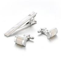 Brass Tie Clip Cufflink Set, with Shell, silver color plated, three pieces & for man  
