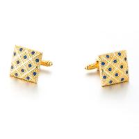 Brass Cufflinks, Square, gold color plated, for man & with rhinestone 