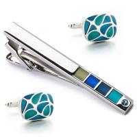Brass Tie Clip Cufflink Set, silver color plated, Hand-Painted Enamel Glaze & three pieces & for man  
